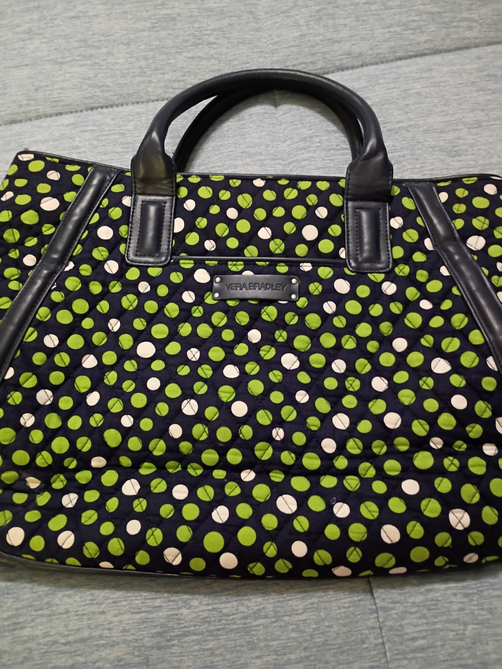 Vera Bradley Quilted Navy Trapeze Tote with Green and White Dots